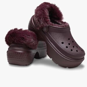 Crocs Bae Fleece-lined Platform  Brown Fuzzy Women's Clogs 6 Dark Cherry